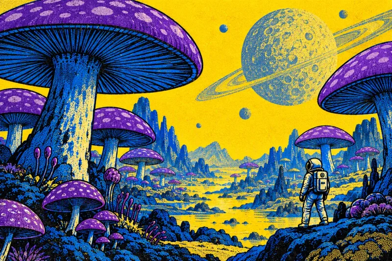 Screen-print illustration of an astronaut exploring an alien mushroom forest