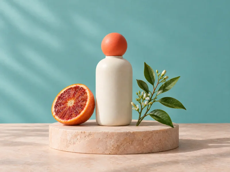 Flare-generated perfume still life with blood orange