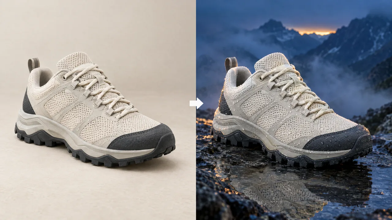 The same trail shoe shown in a neutral studio scene and a rain-lit campaign setting