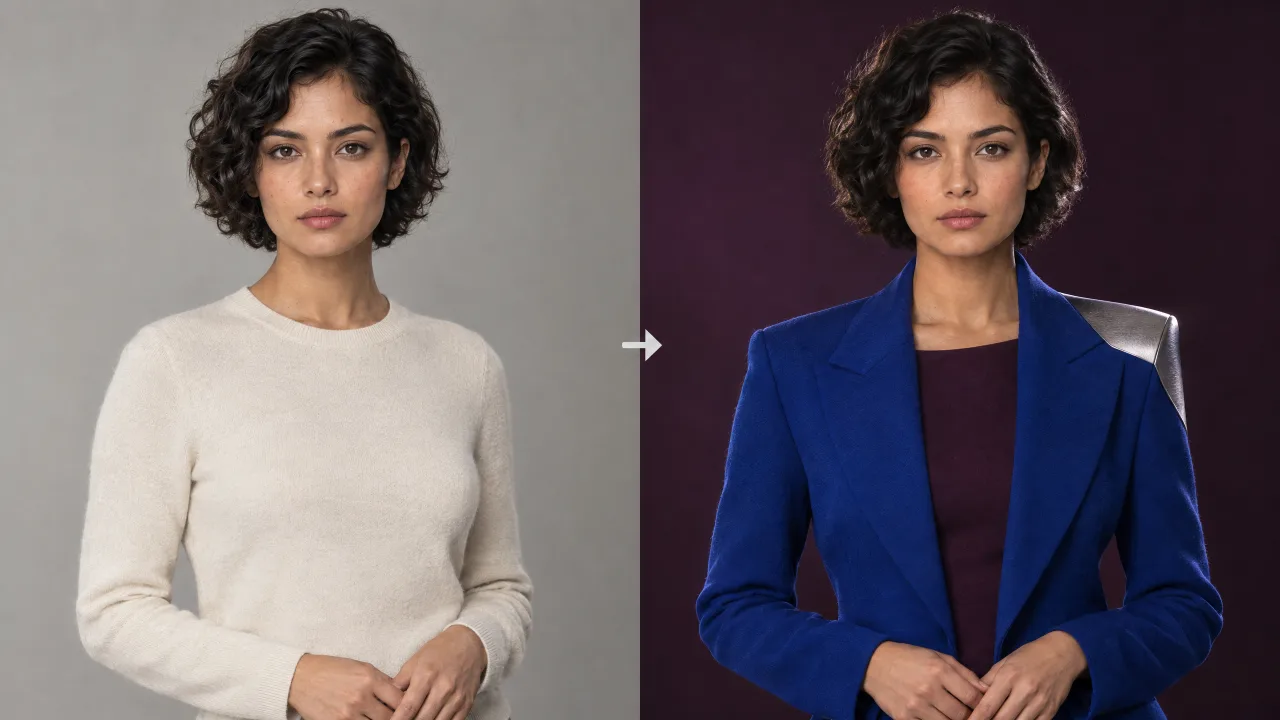 The same portrait shown in a gray sweater and in a cobalt jacket against a dramatic set