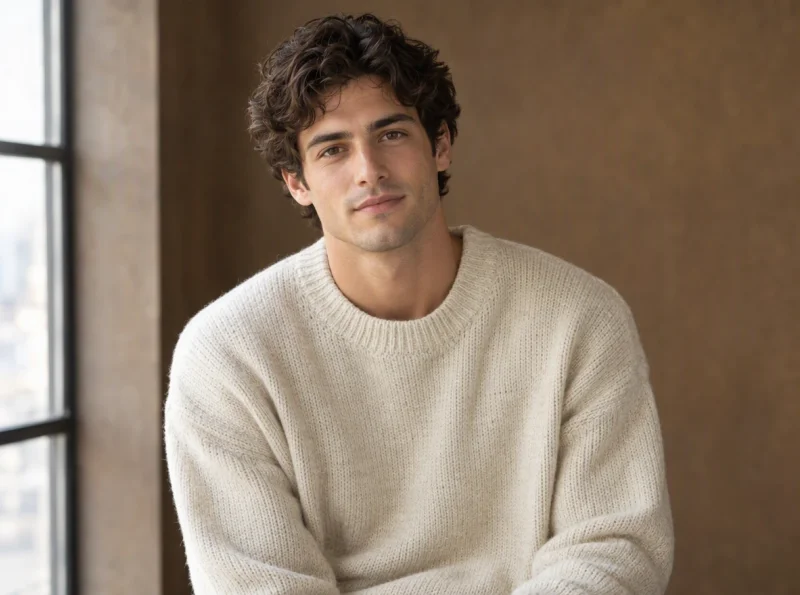 Portrait source example of a man in a cream knit sweater