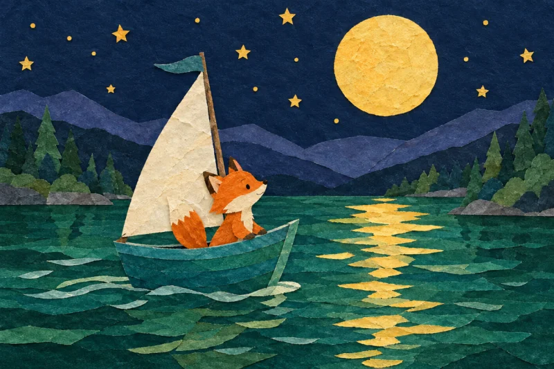 Original cut-paper illustration of a fox sailing under a moon